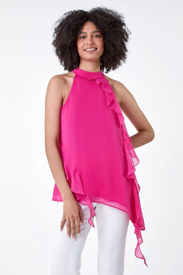 Cerise Halterneck Asymmetric Frill Detail Top Women Roman Tops