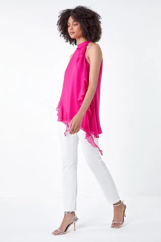 Cerise Halterneck Asymmetric Frill Detail Top Women Roman Tops