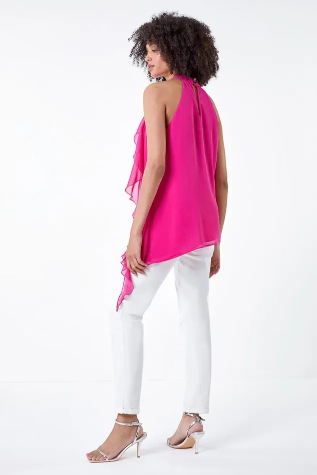 Cerise Halterneck Asymmetric Frill Detail Top Women Roman Tops