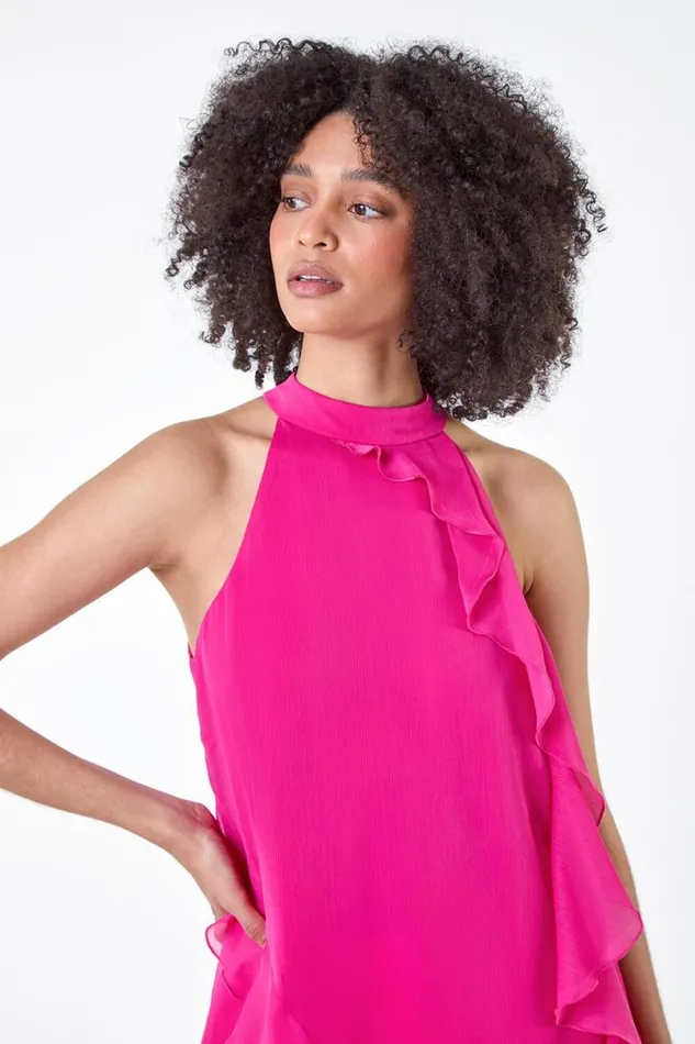 Cerise Halterneck Asymmetric Frill Detail Top Women Roman Tops