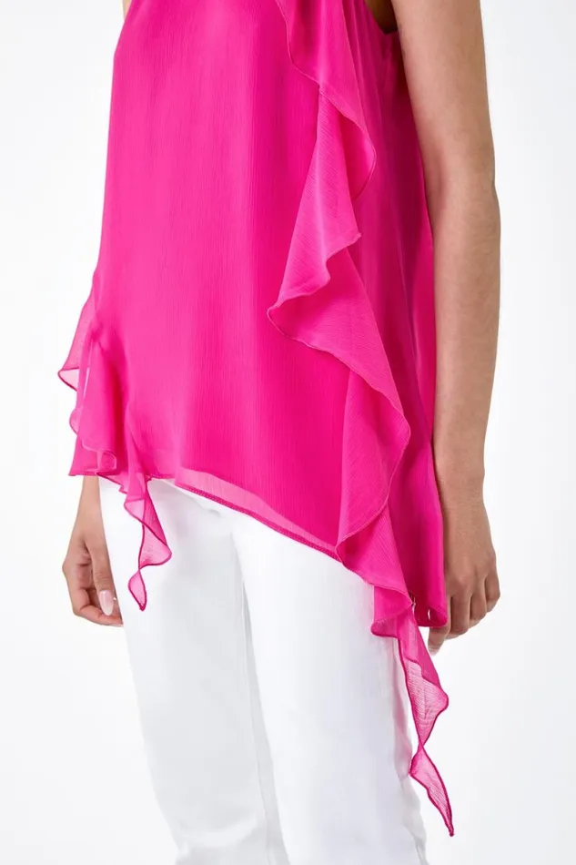 Cerise Halterneck Asymmetric Frill Detail Top Women Roman Tops