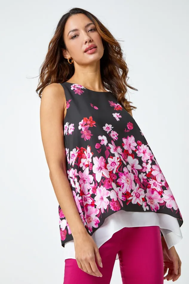 Cerise Sleeveless Floral Double Layer Chiffon Top Women Roman Tops