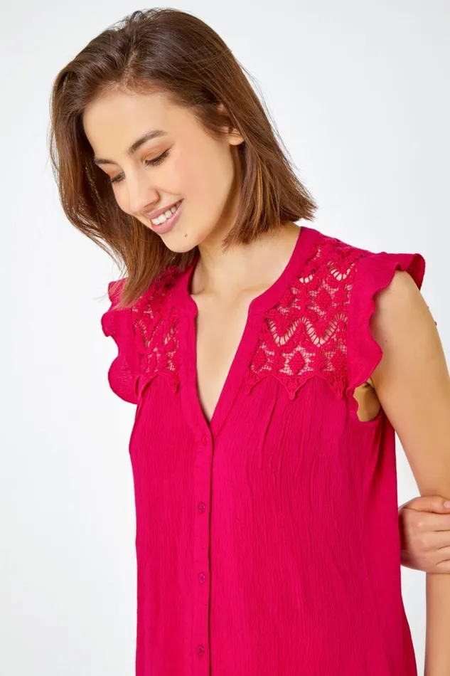 Cerise Sleeveless Lace Detail Blouse Women Roman Tops