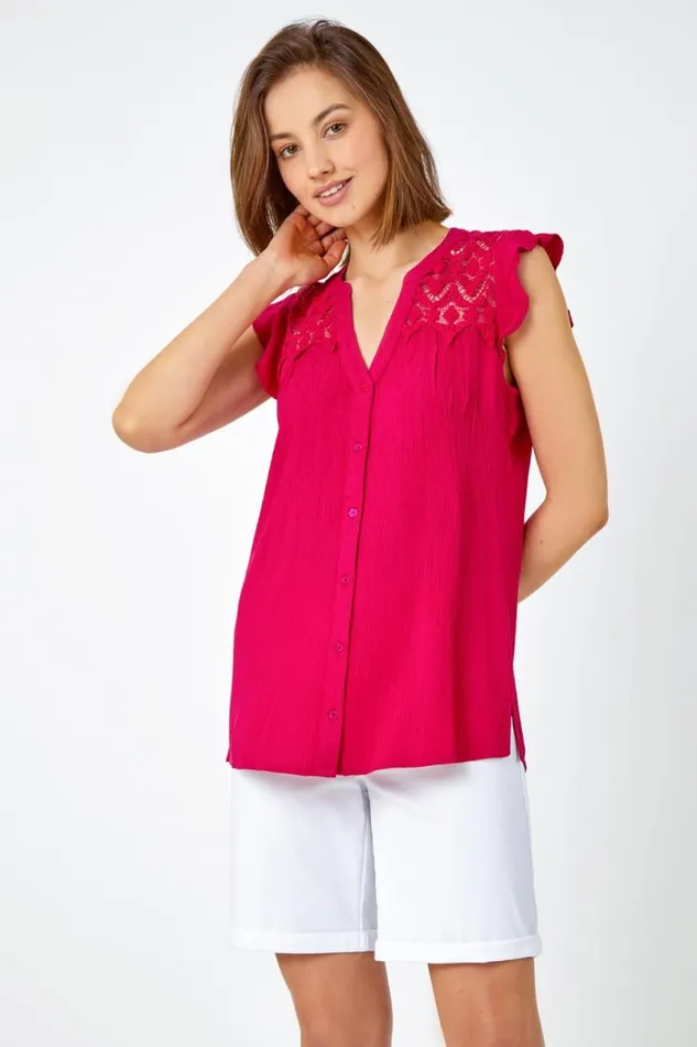 Cerise Sleeveless Lace Detail Blouse Women Roman Tops