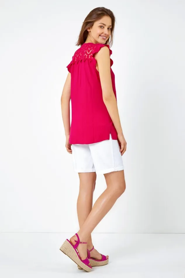 Cerise Sleeveless Lace Detail Blouse Women Roman Tops