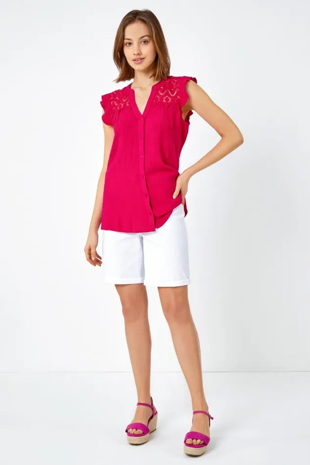Cerise Sleeveless Lace Detail Blouse Women Roman Tops