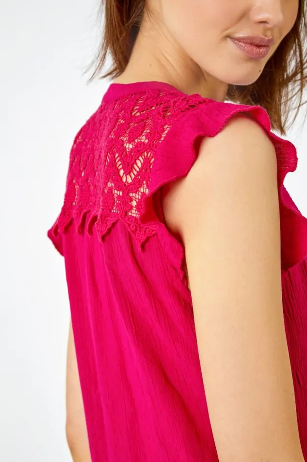 Cerise Sleeveless Lace Detail Blouse Women Roman Tops