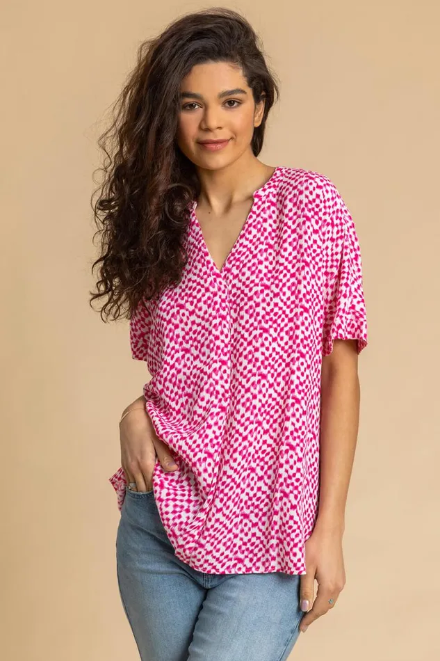 Cerise Spot Print VNeck Tunic Top Women Roman Tops