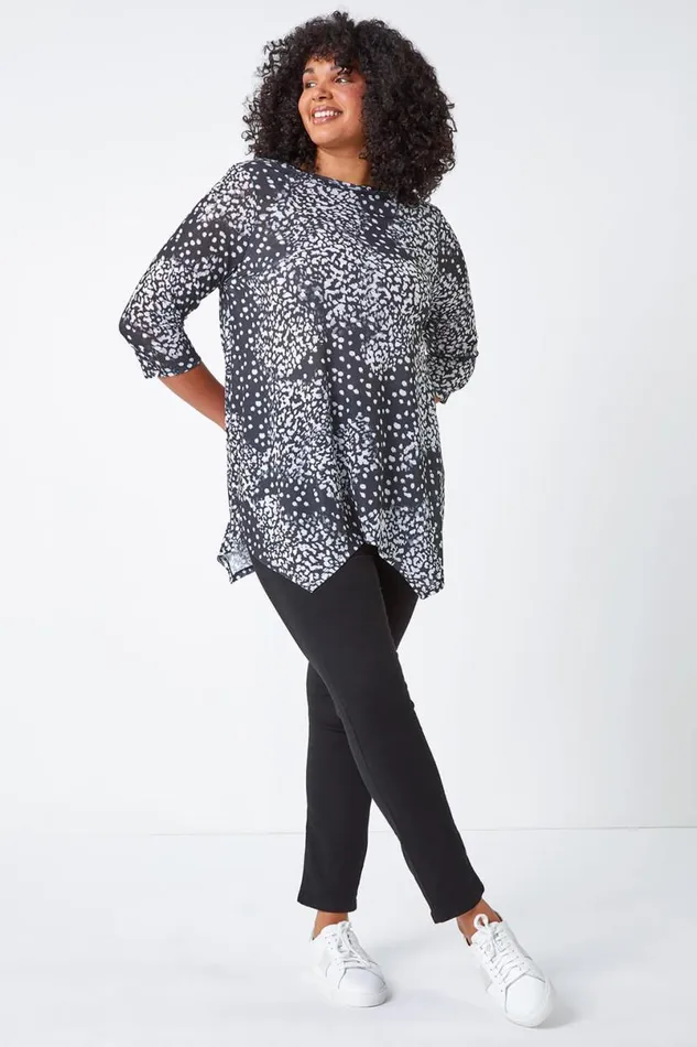 Charcoal Curve Animal Print Stretch Tunic Top Women Roman Tops
