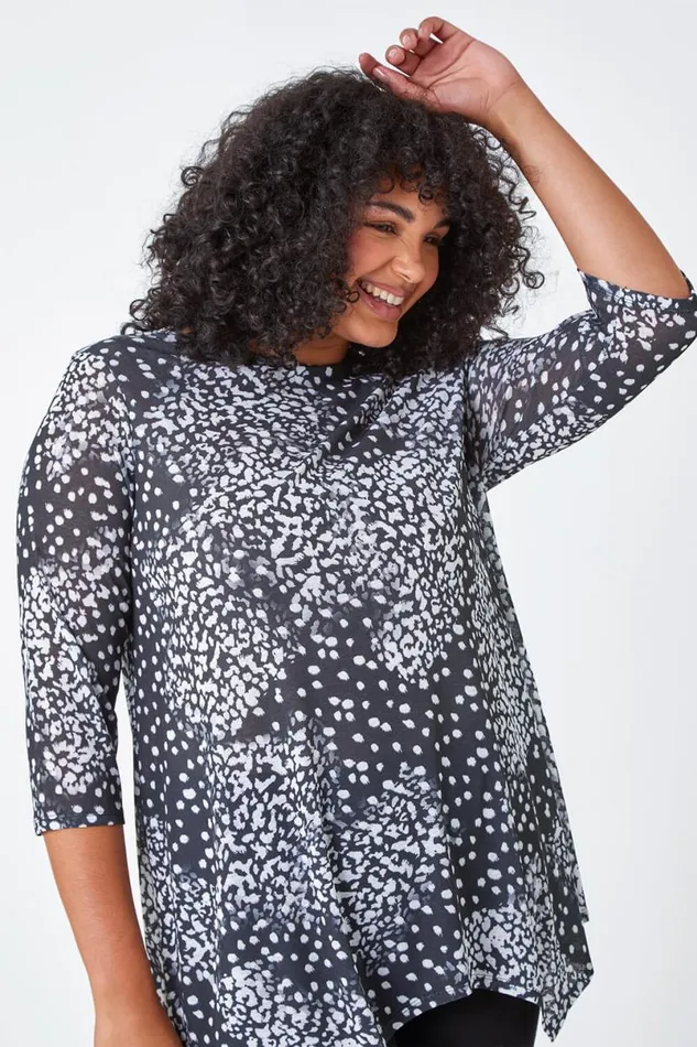 Charcoal Curve Animal Print Stretch Tunic Top Women Roman Tops