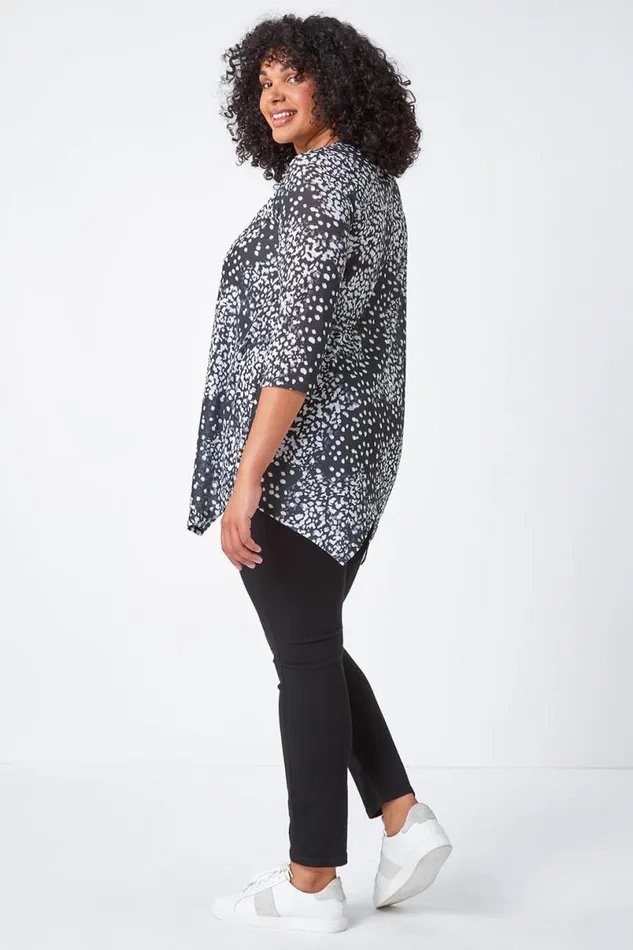 Charcoal Curve Animal Print Stretch Tunic Top Women Roman Tops