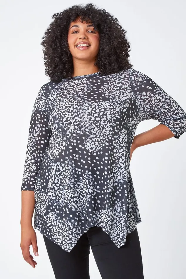 Charcoal Curve Animal Print Stretch Tunic Top Women Roman Tops