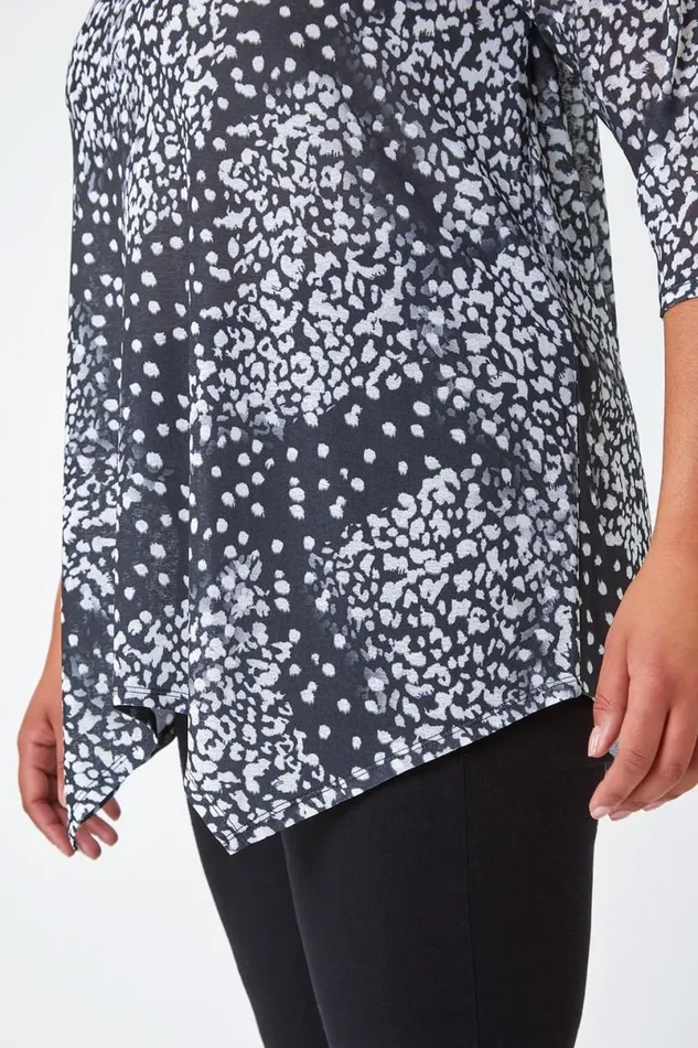 Charcoal Curve Animal Print Stretch Tunic Top Women Roman Tops