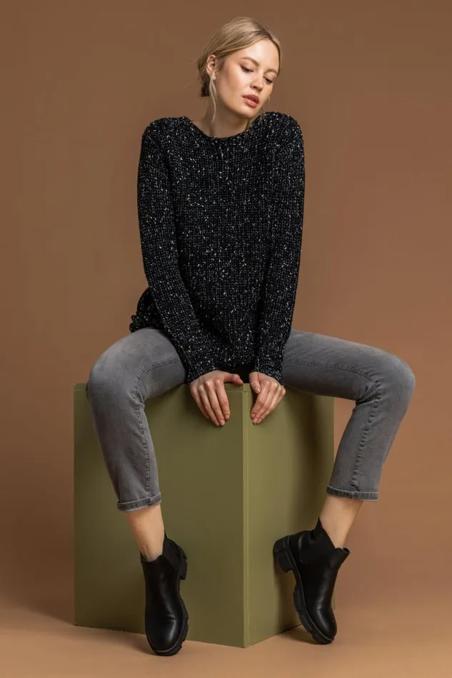 Charcoal Curved Hem Stitch Detail Jumper Women Roman Knitwear