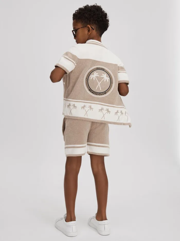 Children Reiss CoOrds Bowler Velour Embroidered Striped Shirt Taupeoptic White
