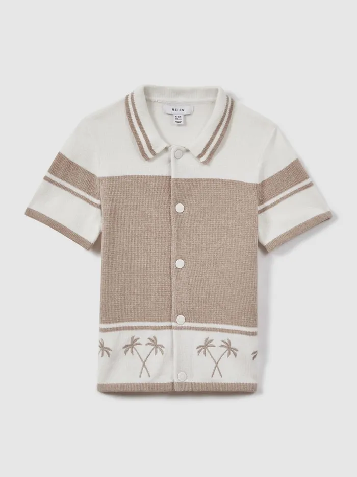 Children Reiss CoOrds Bowler Velour Embroidered Striped Shirt Taupeoptic White
