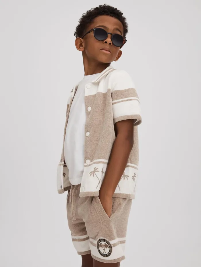 Children Reiss CoOrds Bowler Velour Embroidered Striped Shirt Taupeoptic White