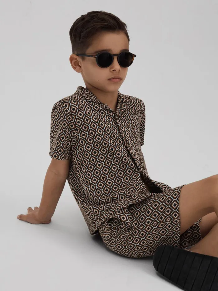 Children Reiss CoOrds Grove Jacquard Cuban Collar Shirt Tobacco Multi