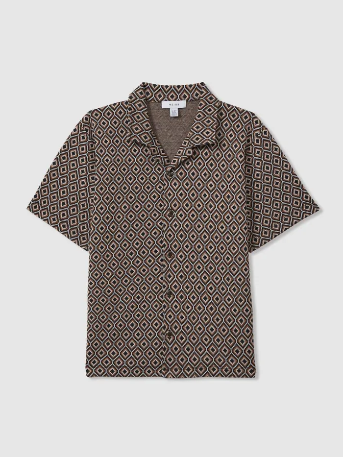 Children Reiss CoOrds Grove Jacquard Cuban Collar Shirt Tobacco Multi
