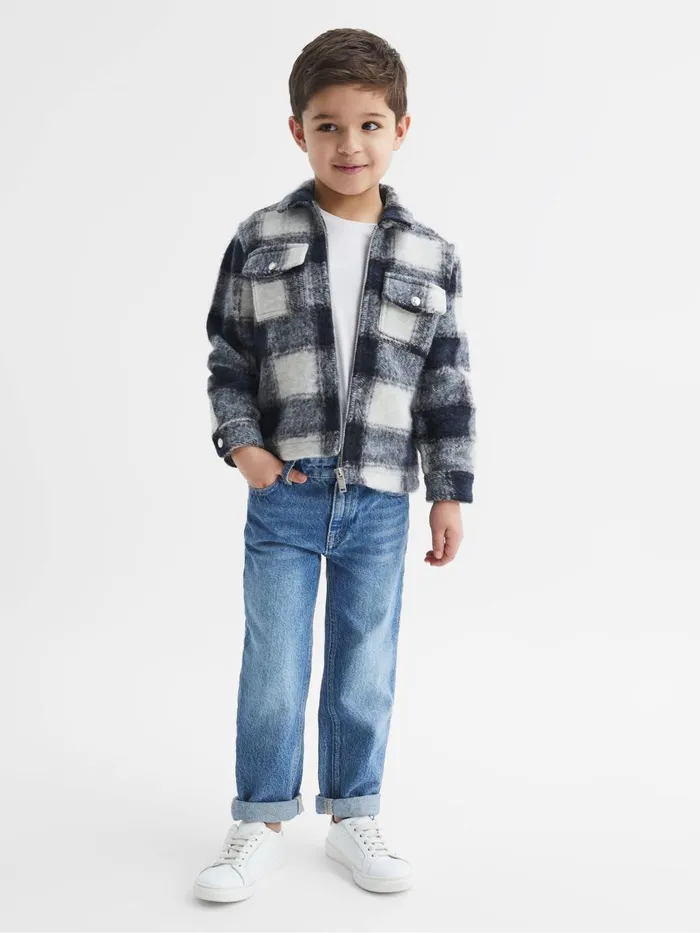 Children Reiss Coats and Jackets Angelo Checked Zip Up Overshirt Bluewhite