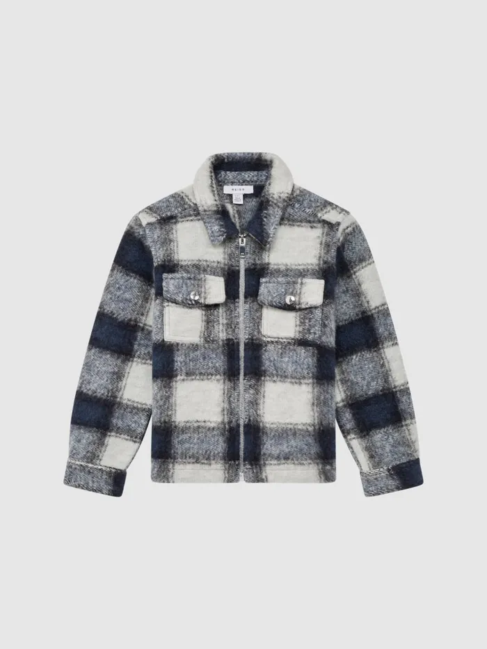 Children Reiss Coats and Jackets Angelo Checked Zip Up Overshirt Bluewhite