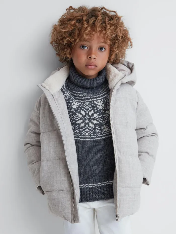Children Reiss Coats and Jackets Disere Water Repellent Quilted Hooded Coat Soft Grey