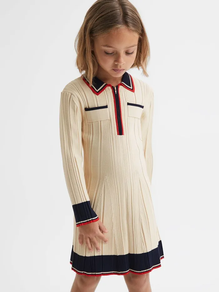 Children Reiss Dresses Annie Ribbed Colourblock Mini Dress Camel