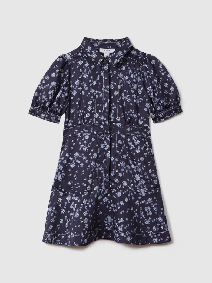 Children Reiss Dresses Joanne Printed Puff Sleeve Dress Navy Print