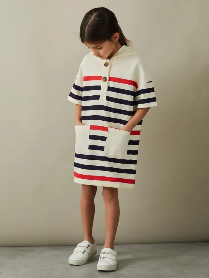 Children Reiss Dresses Martha Striped Jersey Hooded Dress Ecru