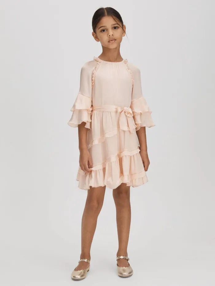 Children Reiss Dresses Polly Textured Satin Frilly Dress Pink