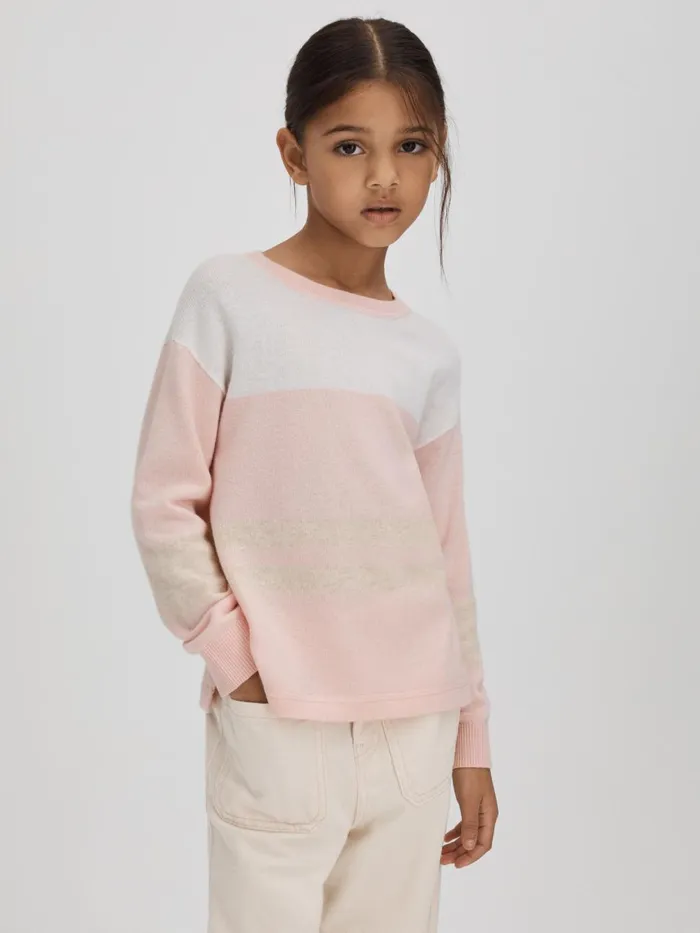Children Reiss Knitwear Allegra Wool Blend Striped Crew Neck Jumper Pink