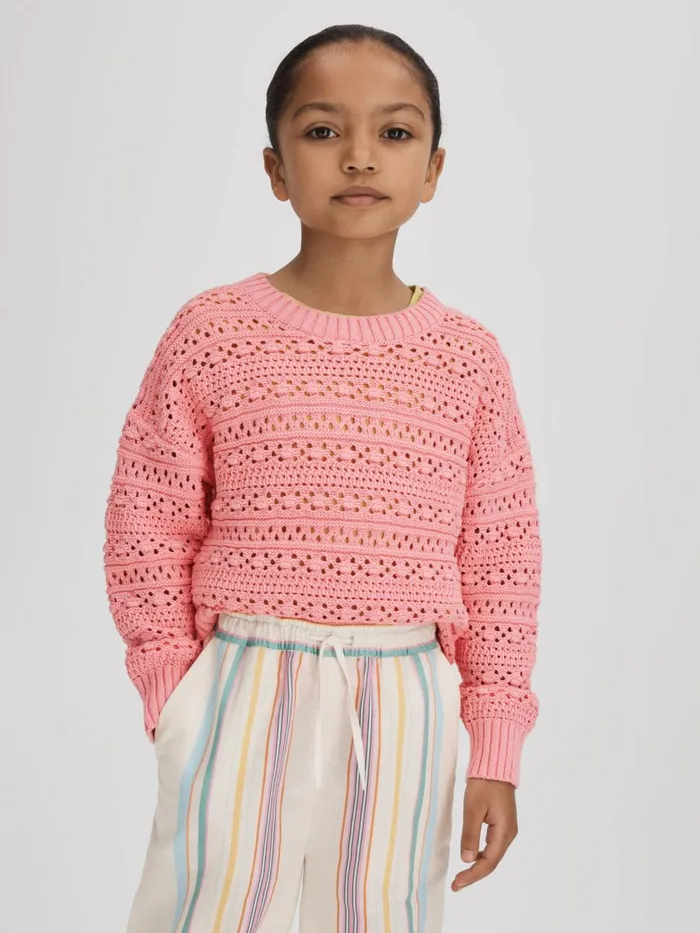 Children Reiss Knitwear Isobel Crochet Crew Neck Jumper Pink