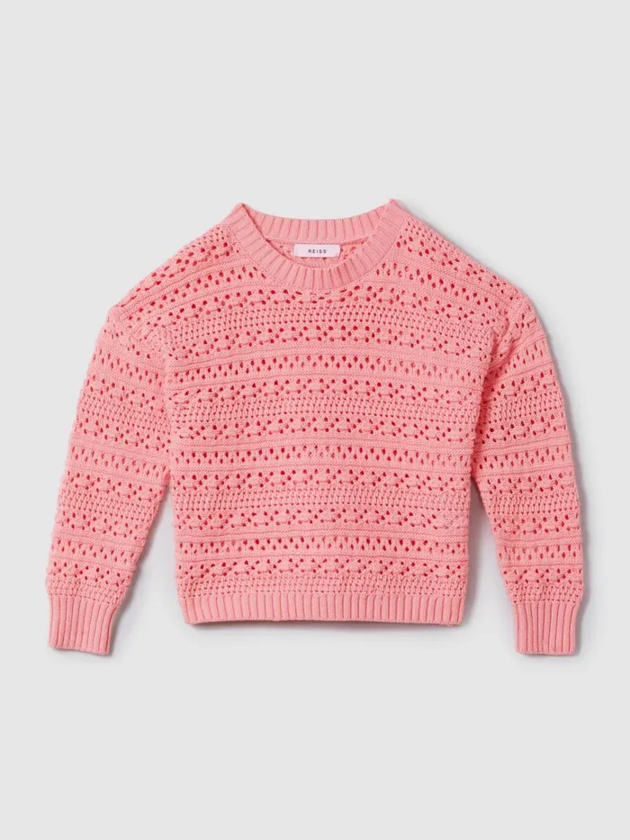 Children Reiss Knitwear Isobel Crochet Crew Neck Jumper Pink