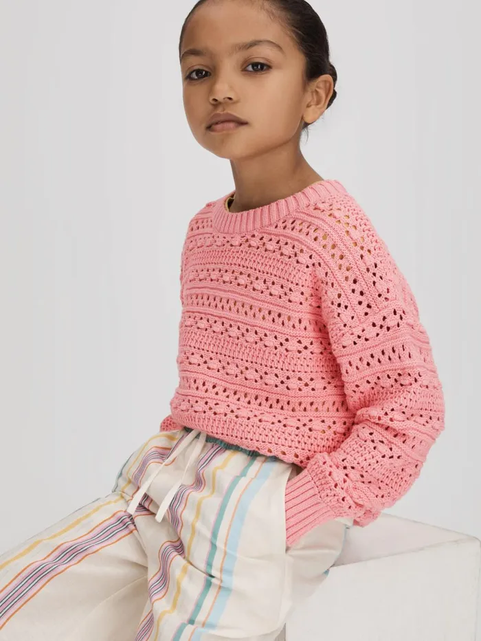Children Reiss Knitwear Isobel Crochet Crew Neck Jumper Pink