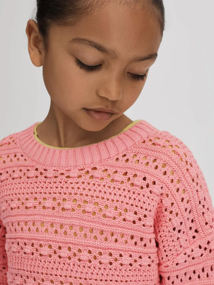 Children Reiss Knitwear Isobel Crochet Crew Neck Jumper Pink