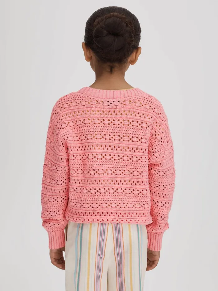 Children Reiss Knitwear Isobel Crochet Crew Neck Jumper Pink