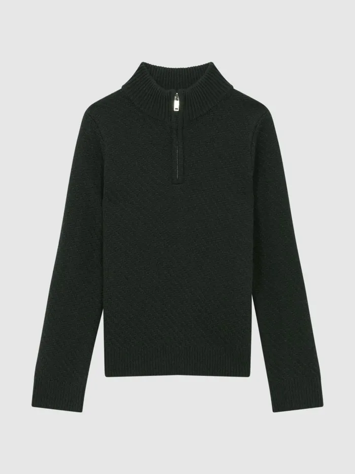 Children Reiss Knitwear Tempo Slim Fit Knitted HalfZip Funnel Neck Jumper Forest Green