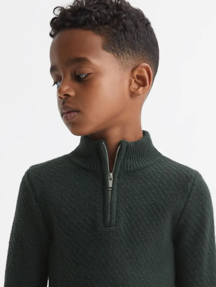 Children Reiss Knitwear Tempo Slim Fit Knitted HalfZip Funnel Neck Jumper Forest Green