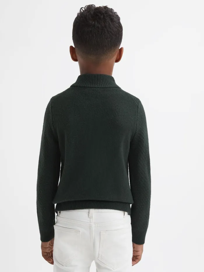 Children Reiss Knitwear Tempo Slim Fit Knitted HalfZip Funnel Neck Jumper Forest Green