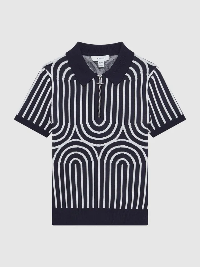 Children Reiss Polo Shirts Maycross HalfZip Striped Polo TShirt Navywhite