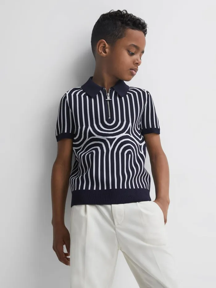 Children Reiss Polo Shirts Maycross HalfZip Striped Polo TShirt Navywhite
