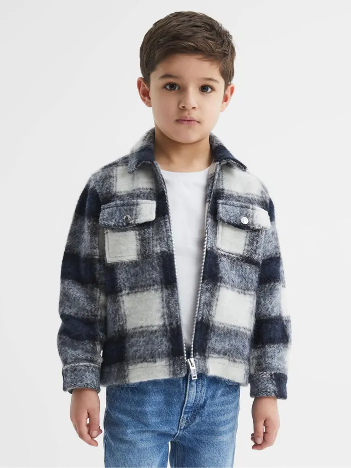 Children Reiss Shirts Angelo Checked Zip Up Overshirt Bluewhite