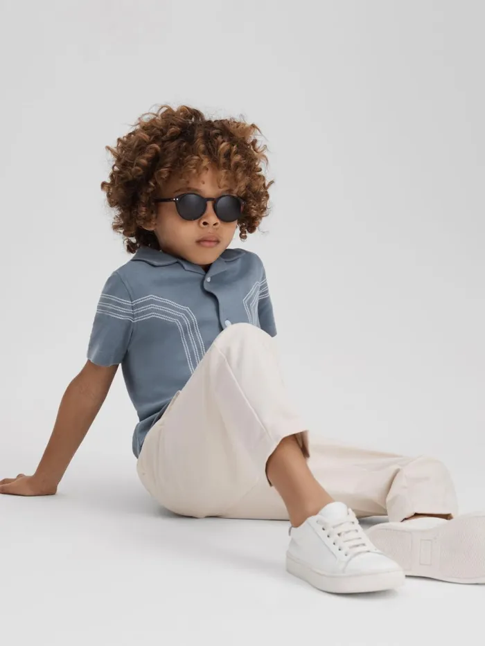 Children Reiss Shirts Arlington Cotton Embroidered Cuban Collar Shirt Airforce Blue