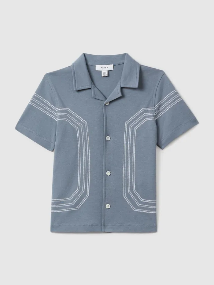 Children Reiss Shirts Arlington Cotton Embroidered Cuban Collar Shirt Airforce Blue