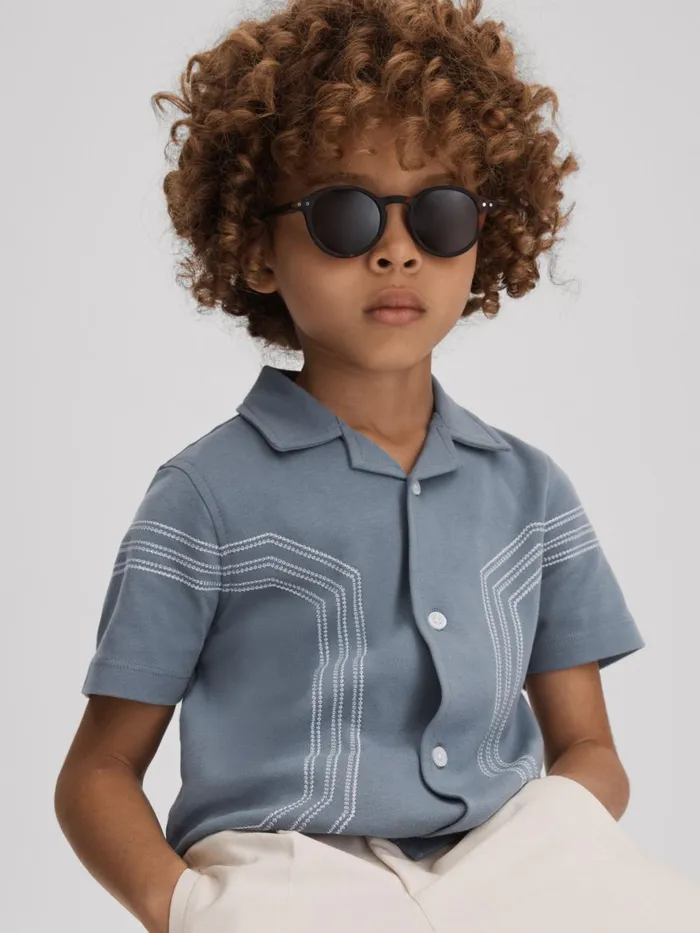 Children Reiss Shirts Arlington Cotton Embroidered Cuban Collar Shirt Airforce Blue