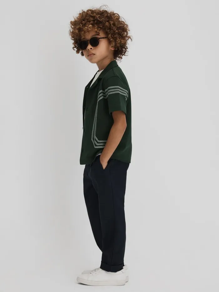 Children Reiss Shirts Arlington Cotton Embroidered Cuban Collar Shirt Green