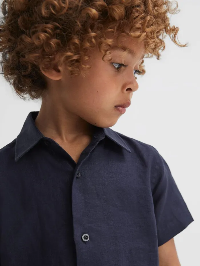 Children Reiss Shirts Holiday Short Sleeve Linen Shirt Navy