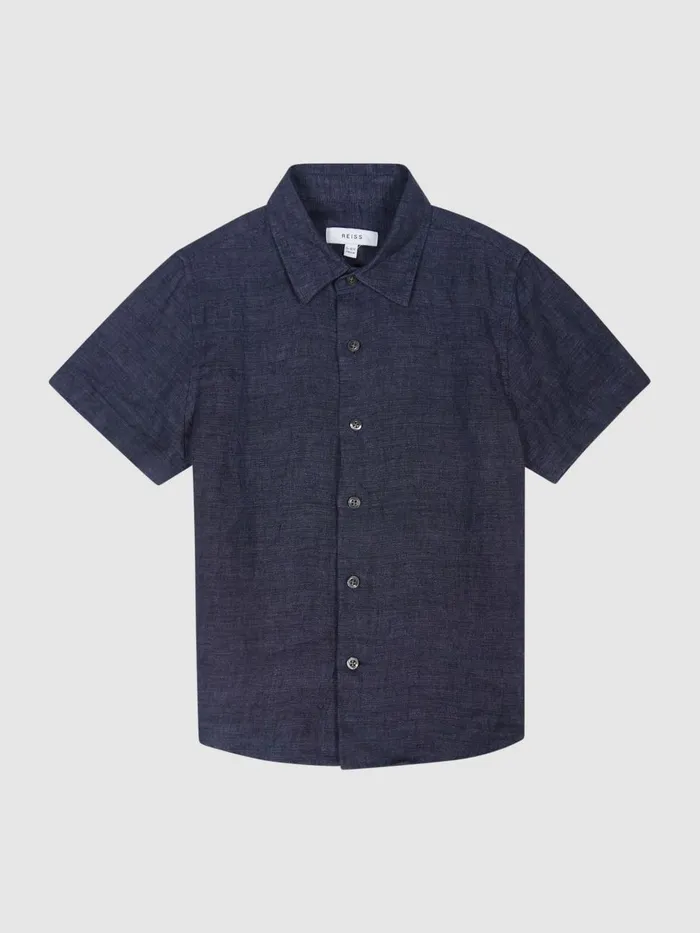 Children Reiss Shirts Holiday Short Sleeve Linen Shirt Navy