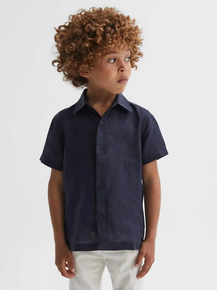 Children Reiss Shirts Holiday Short Sleeve Linen Shirt Navy