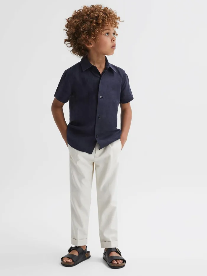 Children Reiss Shirts Holiday Short Sleeve Linen Shirt Navy